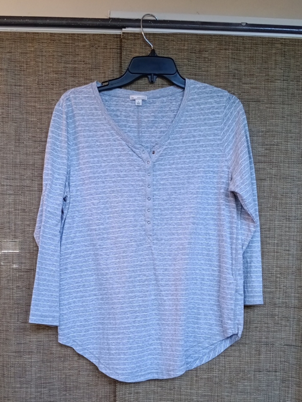 GAP Light Grey & White Striped Henley Long Sleeve Top